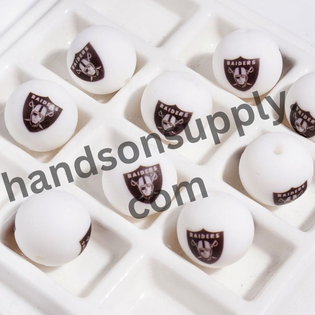 Sporty Las Vegas American Football Team Logo Printed Round Silicone Beads for DIY Bracelets, 15MM