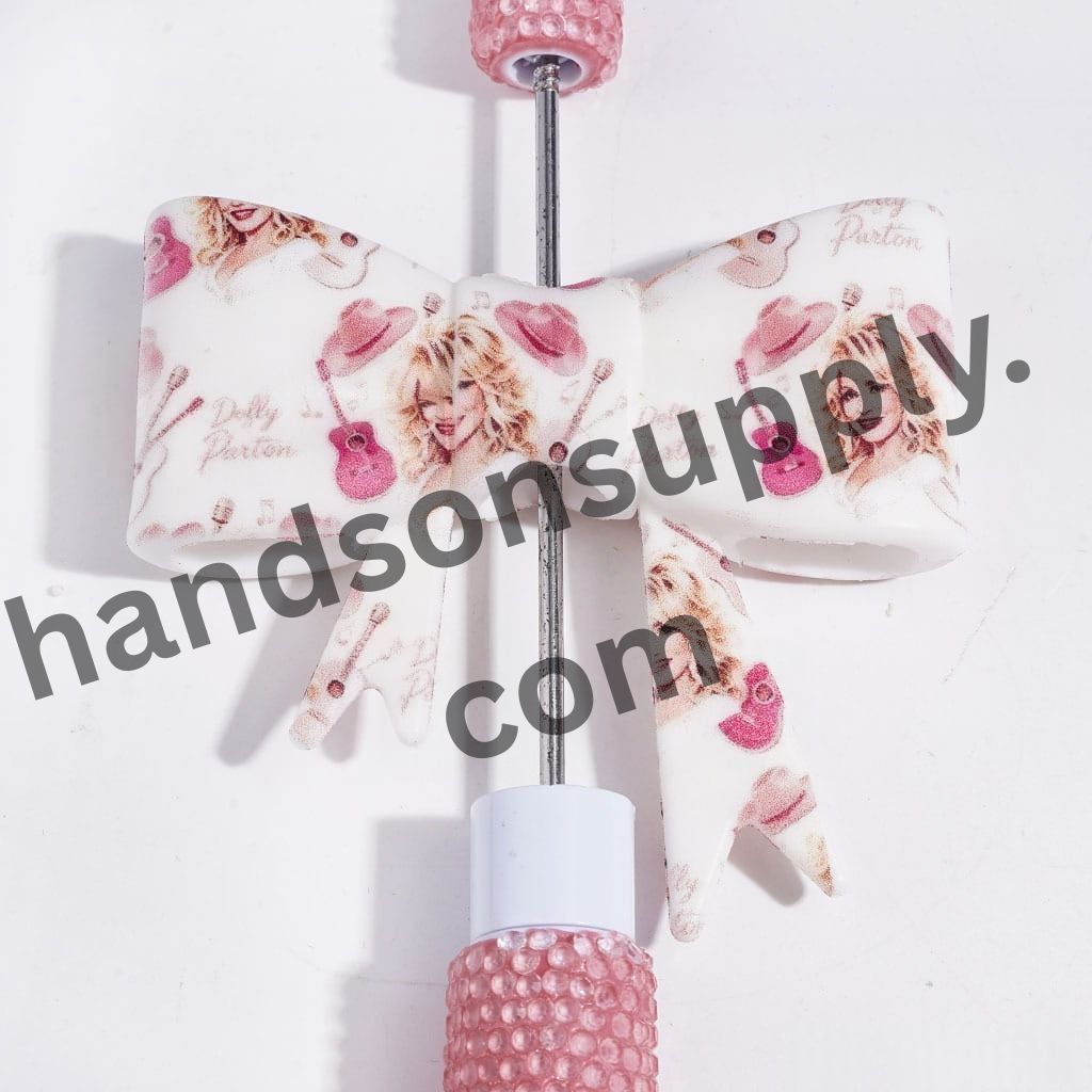 UV Printed Cowboy Hat, Guitar and Microphone Country Singer Theme Soft Bowtie Silicone Focal Beads with White Background, 52*59MM