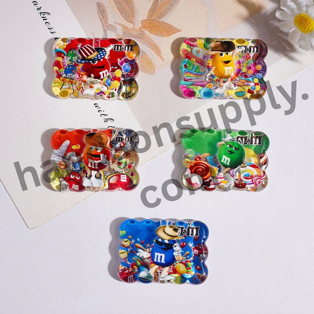 Colorful Candy Chip Character Semi-Clear Biscuit-Shaped Printed Acrylic Beads, 31*22MM, Random Mix