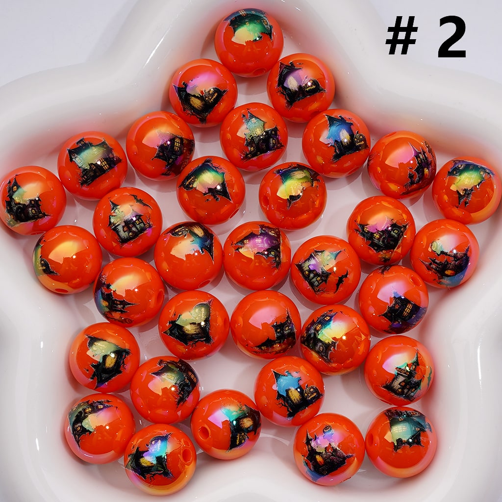 Halloween Series Orange Color Skeleton Skull Head Black Cat Bat Ghost Face Pumpkin White Ghost Wizard House Printed Acrylic Beads, 16MM (Single Color is available for 200pcs(Whole bag))