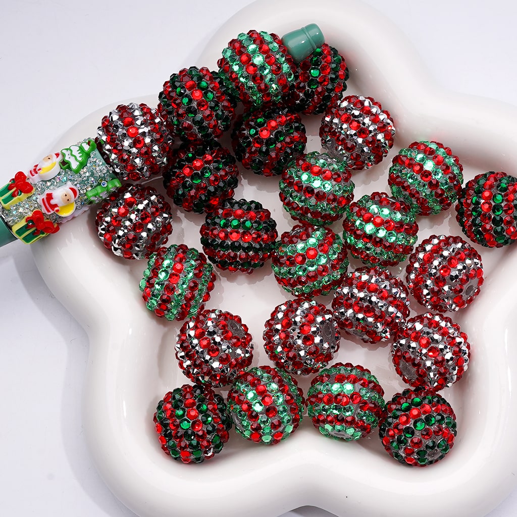 Double Color Striped Round Acrylic Beads with Shiny Rhinestones, 20MM
