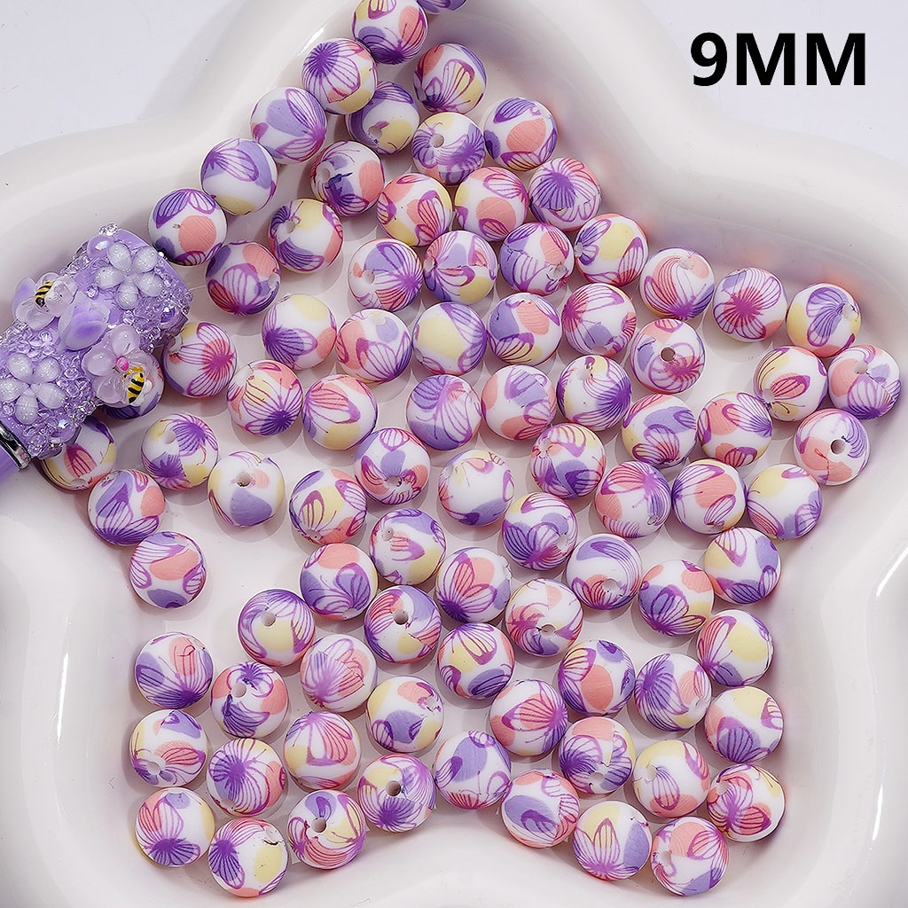 Colorful Printed Purple Butterfly Silicone Beads, 9MM, Number Z-00263