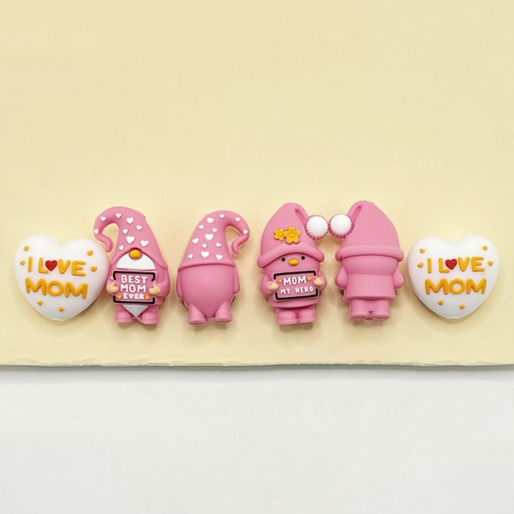 3D Mom & Mama Mother's Day White Heart Pink Duck Gnome Design Silicone Focal Beads