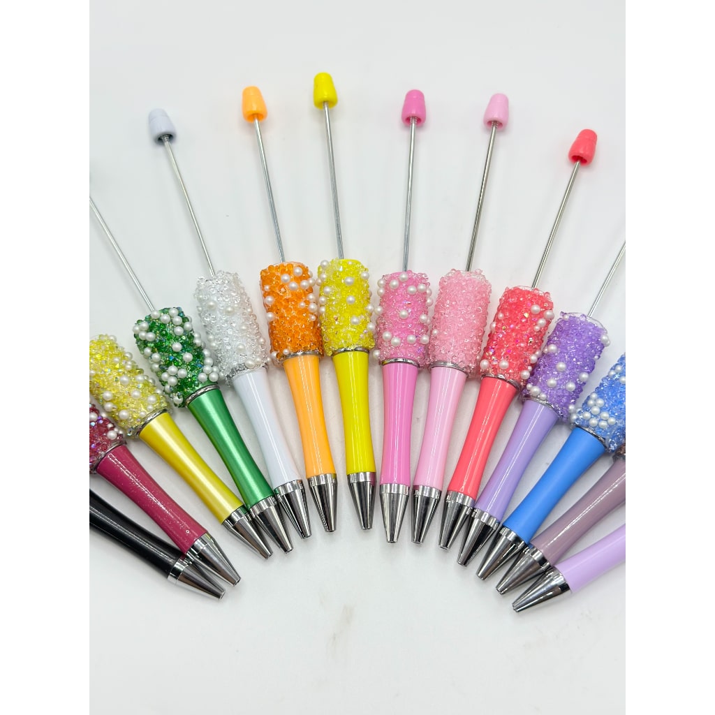 Clear Rhinestones and White Pearls Diamond Shape Beadable Pens in Solid Colors
