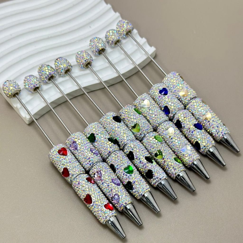 Colorful Heart Rhinestones and Mini AB Rhinestones Beadable Clay Pens Covering the Entire Pen"