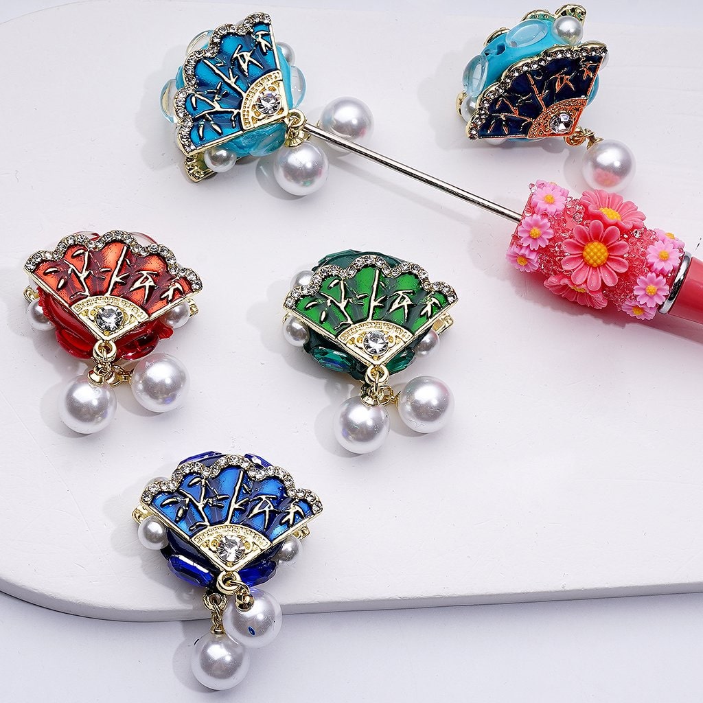Elegant Gold Vintage Fan Charm with Bling Bling Rhinestones White Pearl Accents Pendants and Clay Beads Approx 30x24mm