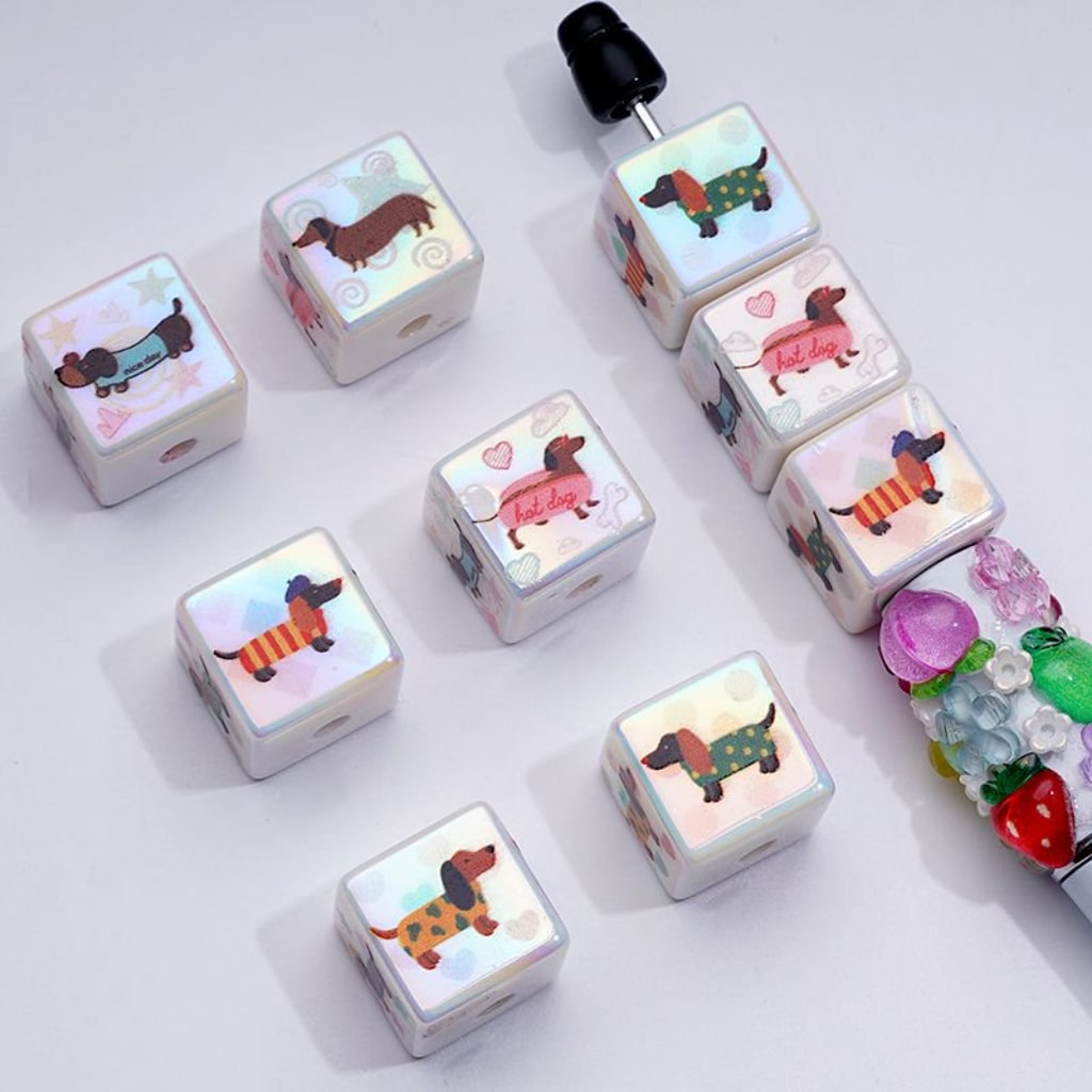 Glossy Dachshund Sausage Dog Acrylic Beads Cube Square 16MM Assorted Mix