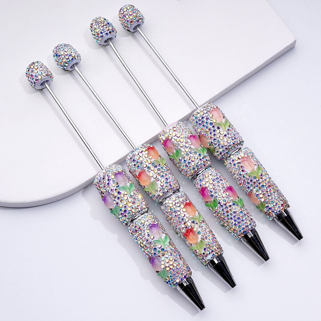 Beadable Clay Pens with Mini Cute Tulip Flowers, Fully Covered in AB Rhinestones