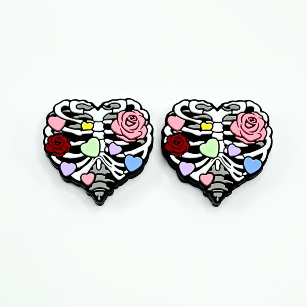 Mini Heart Shape Silicone Focal Beads with Skeleton Skull, Rose Flowers, Colorful Hearts, and Love for Valentines