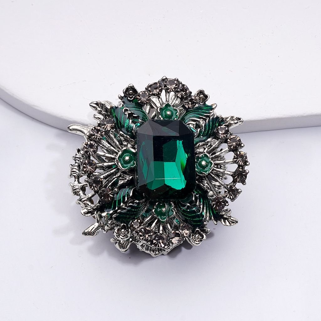 Silver Alloy Vintage Brooch with Large Rectangle Rhinestones Oval Pearls Clay Beads Fancy Bling Bling Around 38x24mm