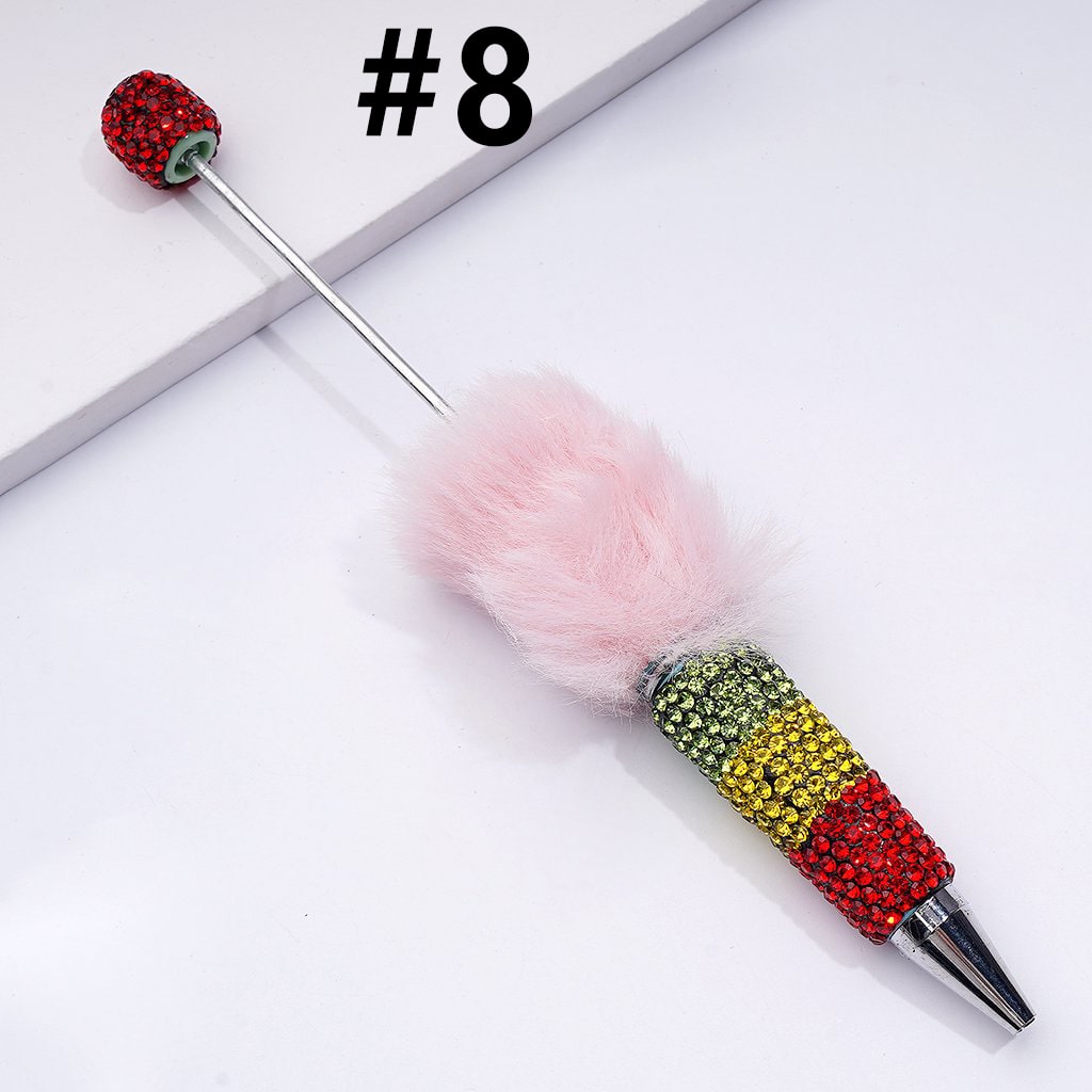 Pom Pom Beadable Clay Pens Covered with Shiny Green Yellow Red Rhinestones Along the Entire Pen