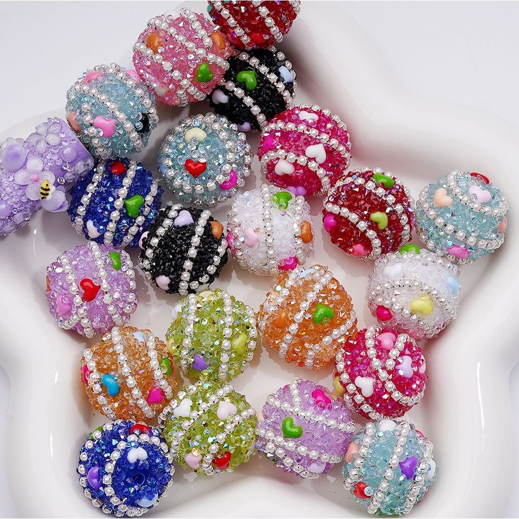 Cute Hearts Multi-Color White Pearls Chains Shiny Cone Shape Rhinestones Acrylic Beads, 20MM