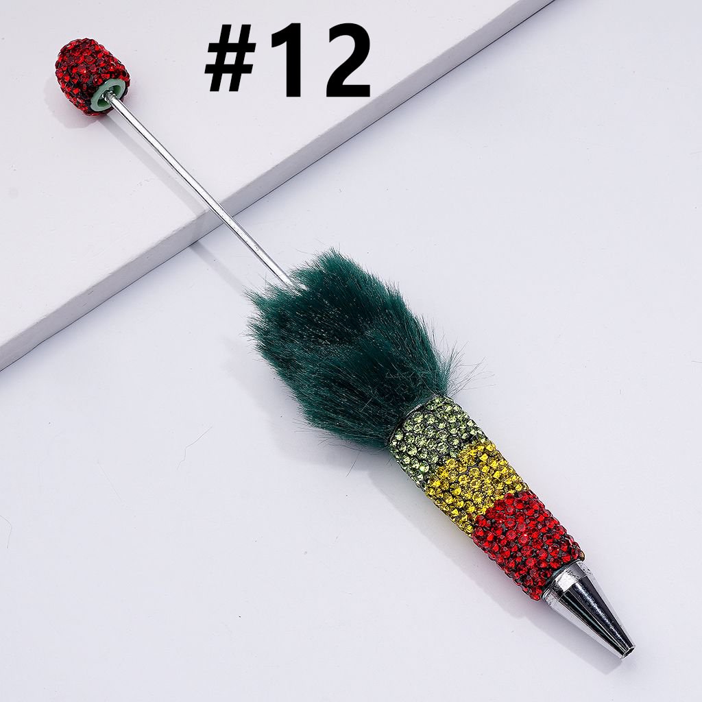 Pom Pom Beadable Clay Pens Covered with Shiny Green Yellow Red Rhinestones Along the Entire Pen