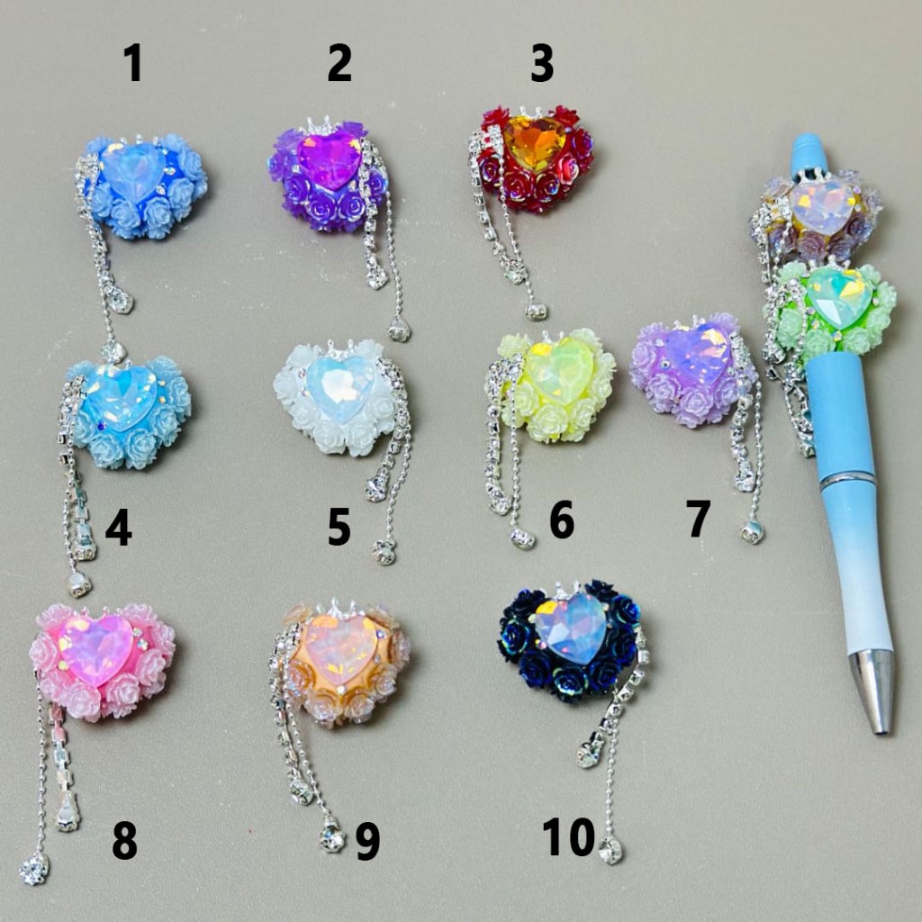 Heart Shape Bling Bling Clay Beads with Silver Alloy Crown, Clear Rhinestones Chain, AB Rhinestones, Mini Flowers, and Heart Diamond Around 28*23MM Please Read the Description