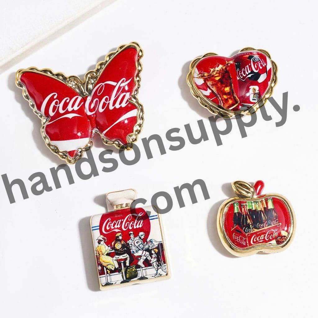 Colorful Famous Soda Drink Designs with Gold-Tone Borders Acrylic Beads and Pendants, Random Mix