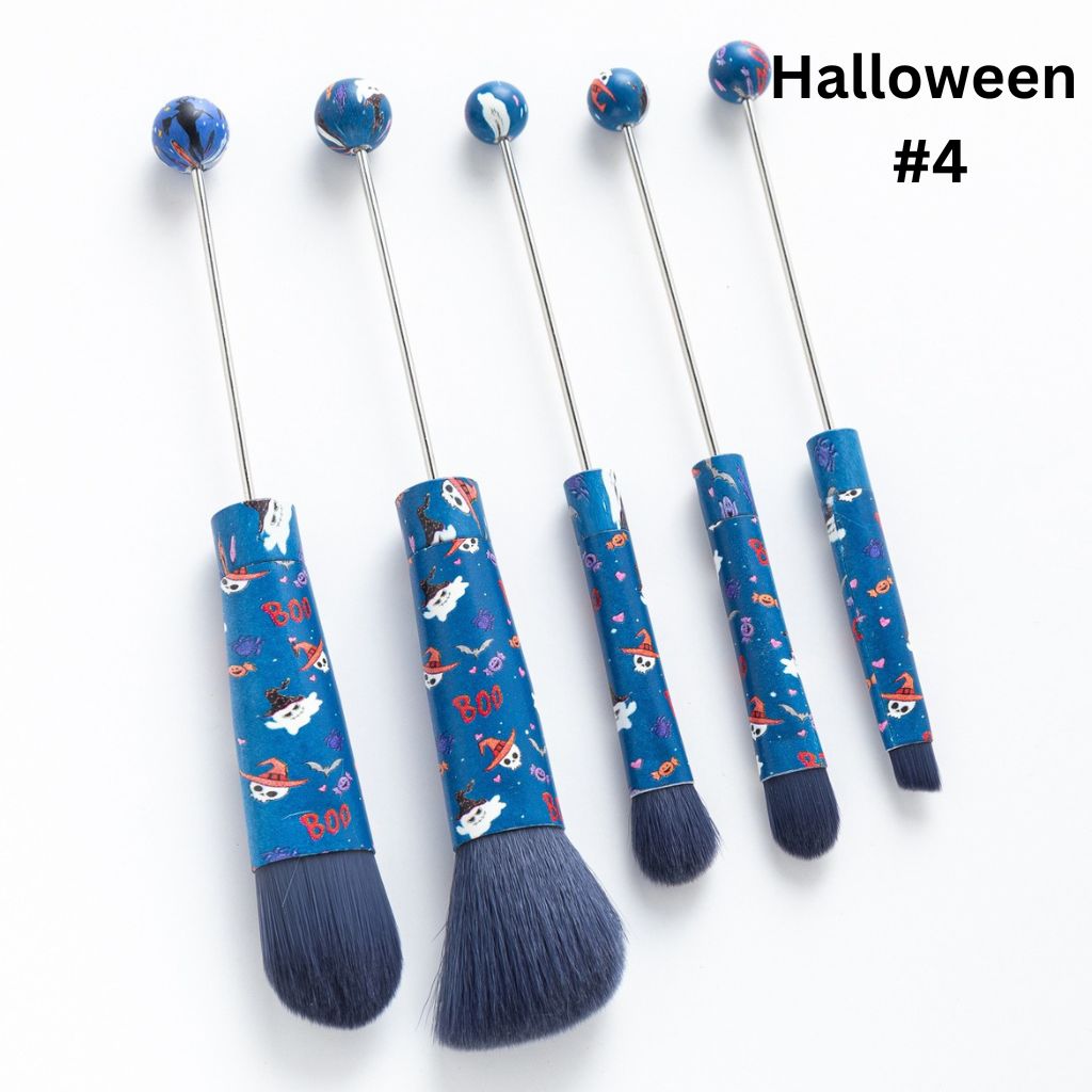 Halloween Metal Beadable Makeup Brushes with Spooky Prints (1 Set = 5 pieces)