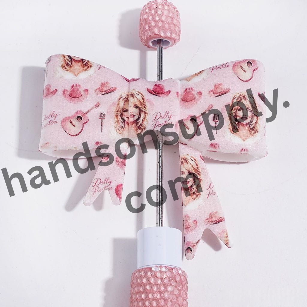UV Printed Country Singer, Cowboy Hat, Guitar and Microphone Design Pink Bowtie Silicone Focal Beads, 52*59MM