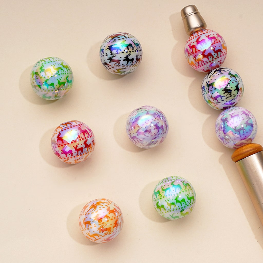 Cute Deer White Round UV Coating Acrylic Beads, Random Mix, 16MM
