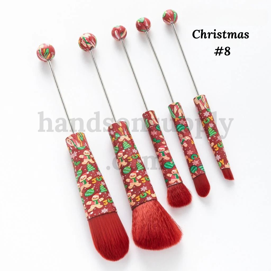 Festive Colorful Metal Beadable Christmas Themed Printed Makeup Brushes (1 Set = 5 pieces)