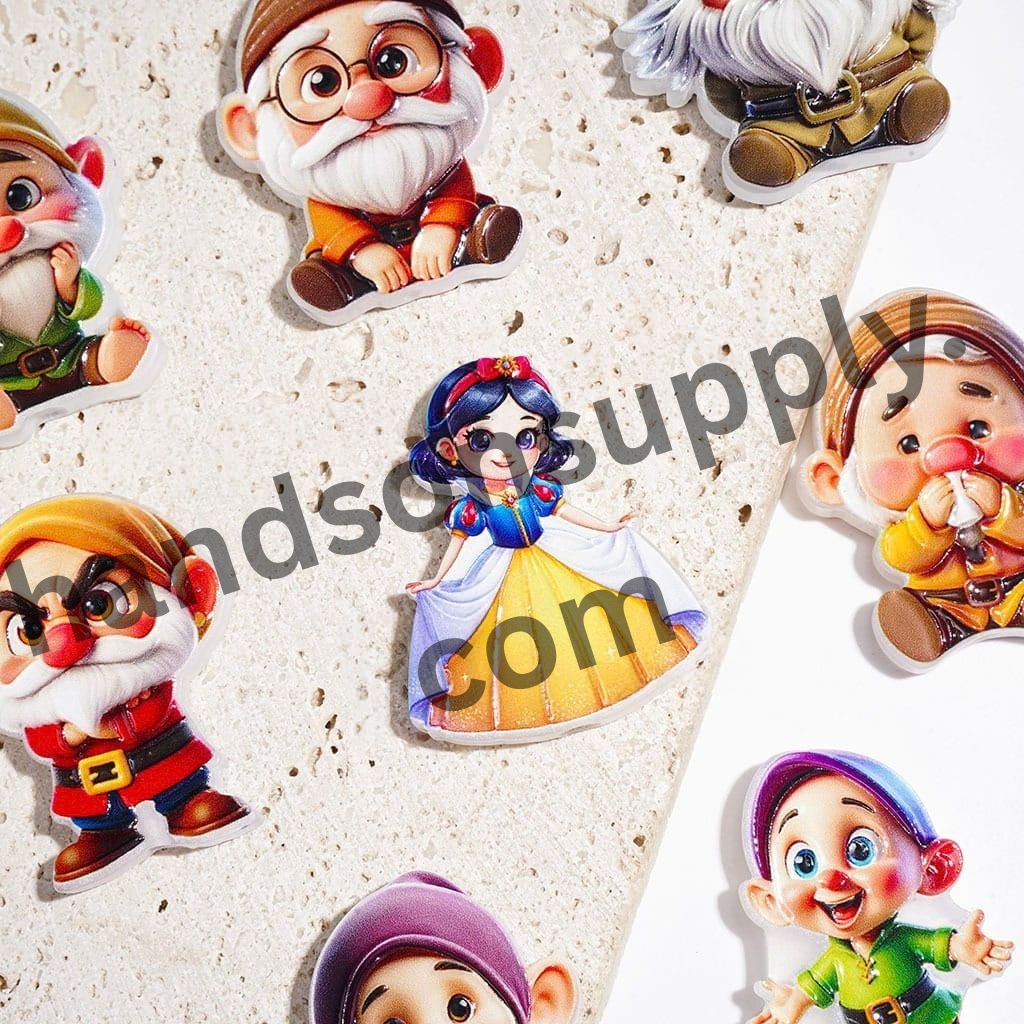 Fairy-Tale Snow-White Princess with Seven Whimsical Gnome Elf Characters Series Acrylic Beads, Random Mix