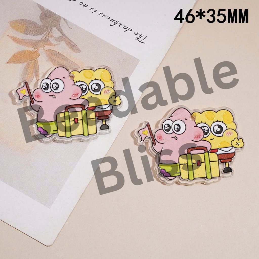 Acrylic Charms Pendant with Starfish Taking Travel Bag and Yellow Sponge Character, Hanging Loop, 46*35MM