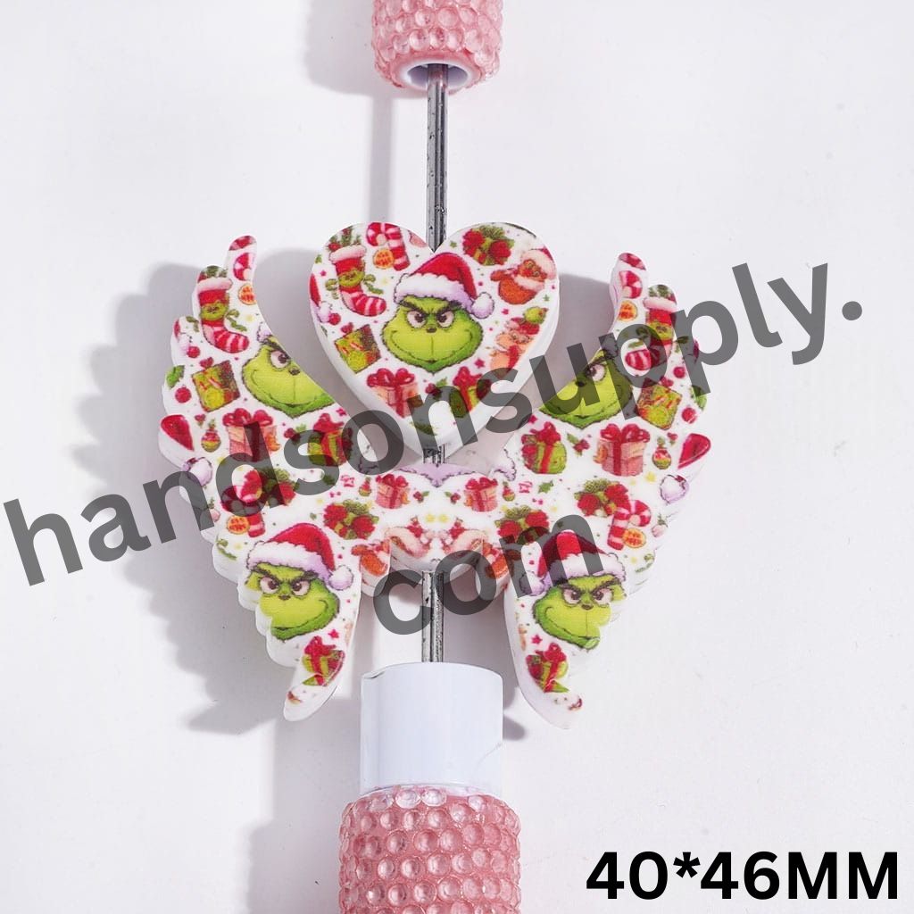 Christmas Green Characters, Candy Canes, Gift Boxes, Wreaths, Socks, and Gingerbread Man Printed Heart and Wing Silicone Focal Beads Collection Set, 40*46MM