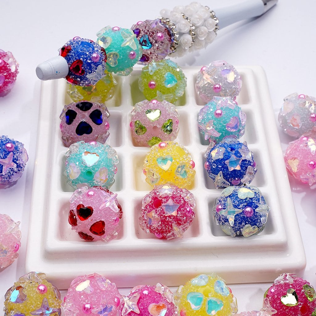 Shiny Hearts Stars Pearls Multi-Color Round Sugar Acrylic Beads, 18MM, Random Mix