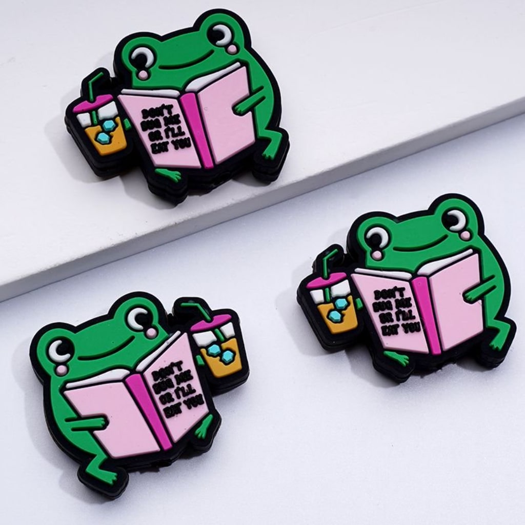 A Cute Frog Reads a Book Drinks Coffee Silicone Focal Beads