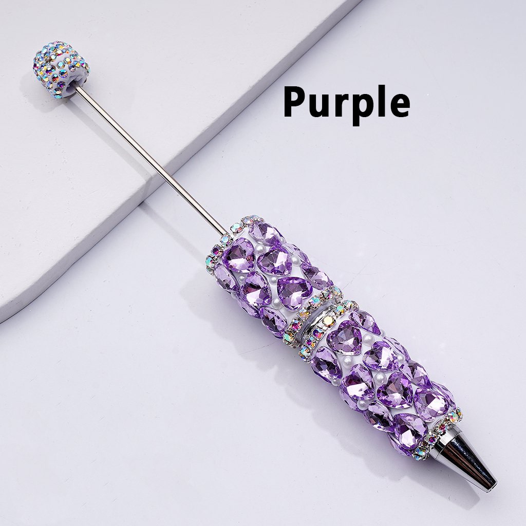 Beadable Clay Pen with Colorful Shiny Hearts, White Pearls & AB Rhinestone Chain DIY Glam Stationery