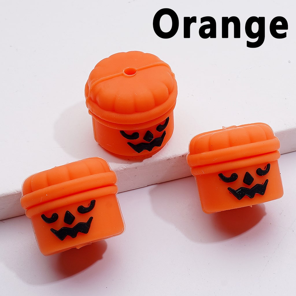 Halloween 3D Ghost Face Cylindrical Pumpkin Bucket Silicone Focal Beads