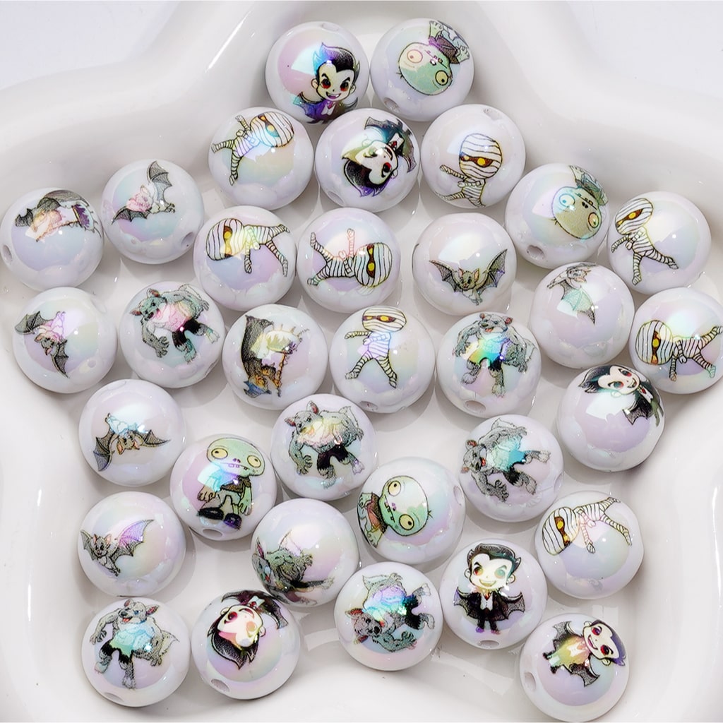 UV Coating Halloween Mummy Bat Zombie Horror Vampire Round Acrylic Beads, 16MM, Random Mix