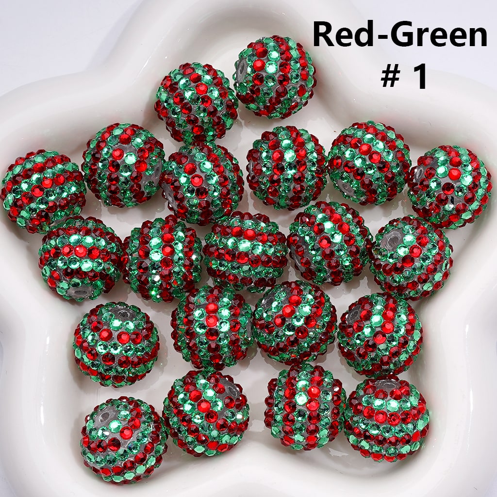 Double Color Striped Round Acrylic Beads with Shiny Rhinestones, 20MM