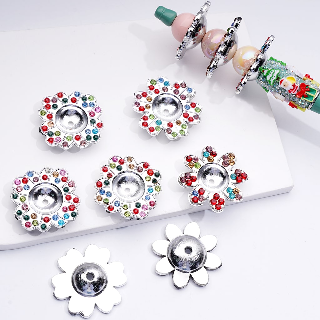 Large Flower Silver Cap Cage Acrylic Beads with Colorful Rhinestones, 35MM, Random Mix