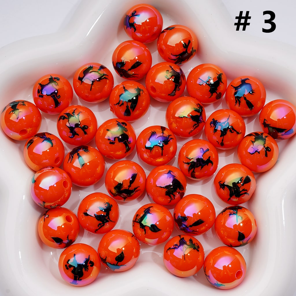 Halloween Series Orange Color Skeleton Skull Head Black Cat Bat Ghost Face Pumpkin White Ghost Wizard House Printed Acrylic Beads, 16MM (Single Color is available for 200pcs(Whole bag))