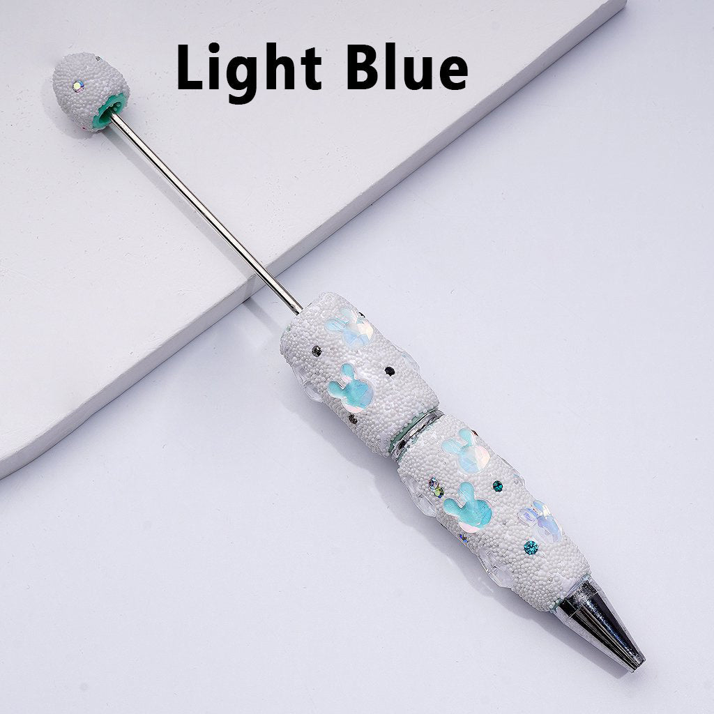 Beadable Clay Pens Covered with Colorful Shiny Rhinestones Mini Snow Balls and Cute Bunny Heads Along the Entire Pen