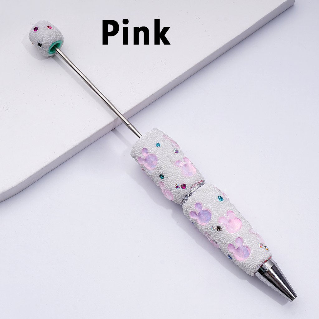 Beadable Clay Pens Covered with Colorful Shiny Rhinestones Mini Snow Balls and Cute Bunny Heads Along the Entire Pen