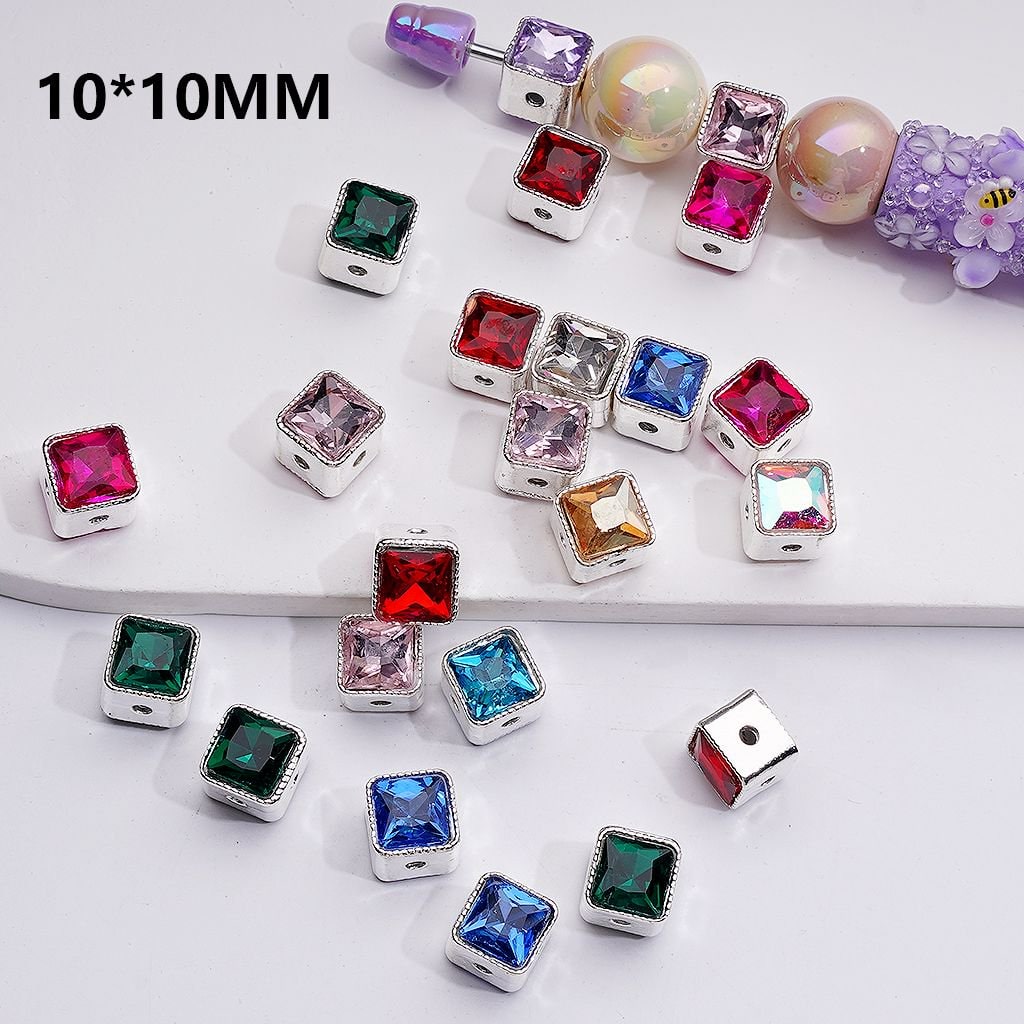 Silver Alloy Cube Square Spacer Beads with Shiny Rhinestones Jewelry Accessories, 10*10MM, Random Mix