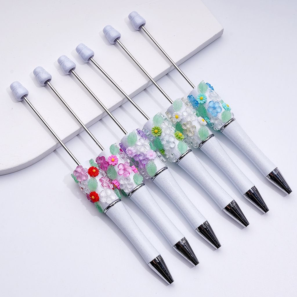 Elegant White Glitter Beadable Pen – Adorned with Vibrant Flowers & Green Leaf Accents