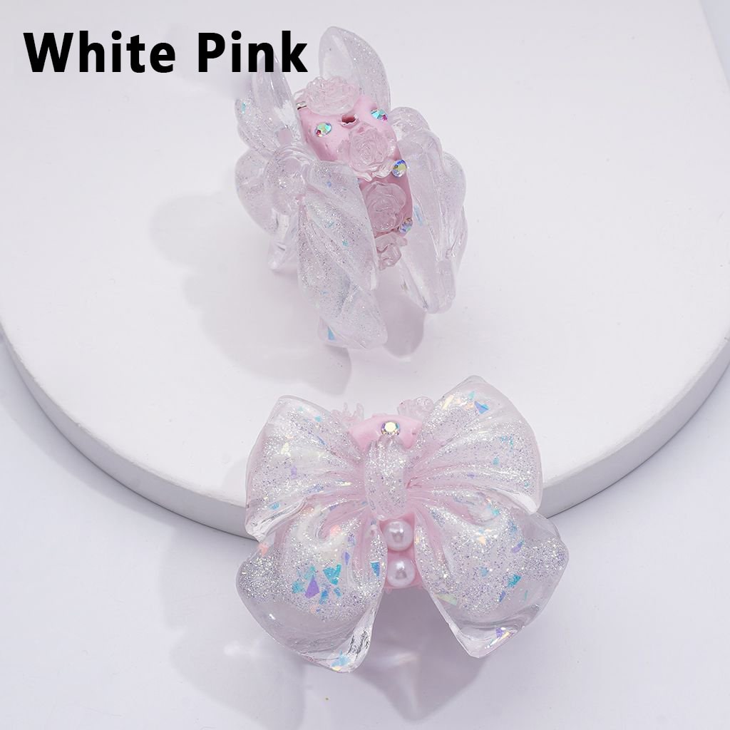 Sparkling Glitter Bowknot with Mini Floral Accents – Adorned with White Pearls, AB Rhinestones & Decorative Clay Beads 41*34MM