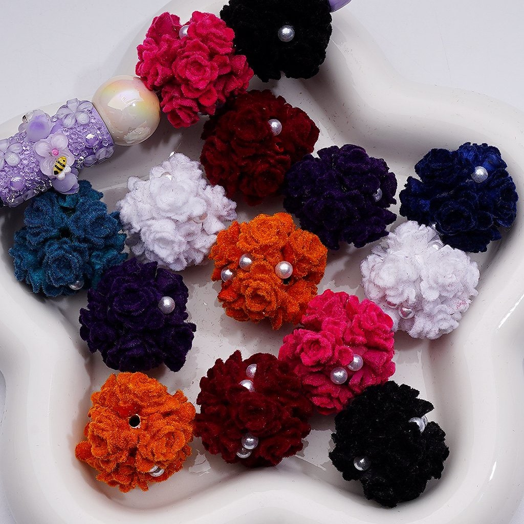 White Pearls Flocked Flowers Cute Round Clay Beads, 25MM, Random Mix