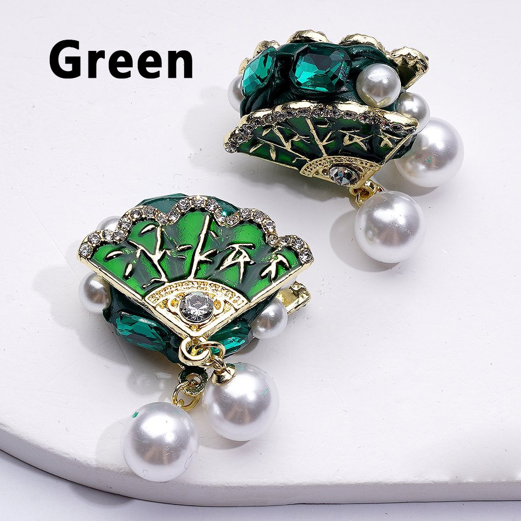 Elegant Gold Vintage Fan Charm with Bling Bling Rhinestones White Pearl Accents Pendants and Clay Beads Approx 30x24mm