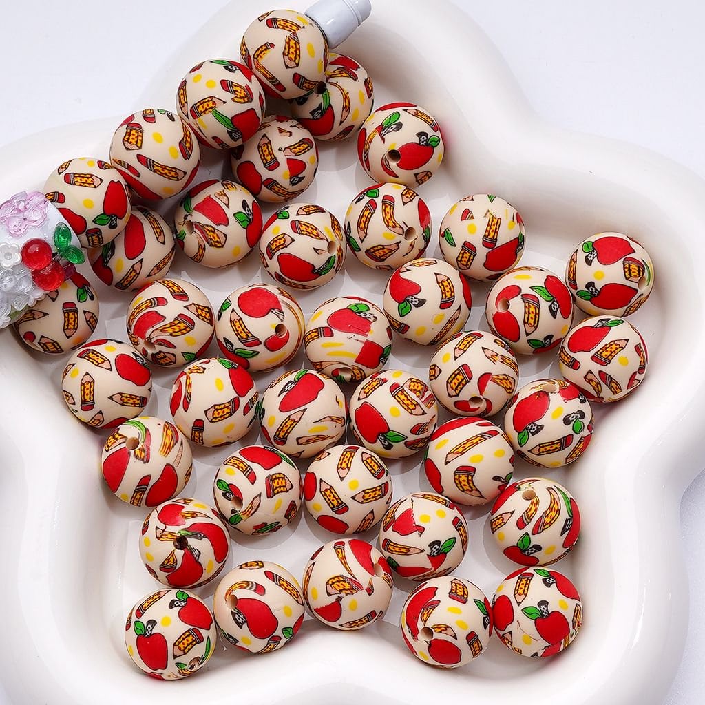 Teacher-Inspired Apple & Pencil Silicone Beads – Printed 15MM Charm, Z-00233