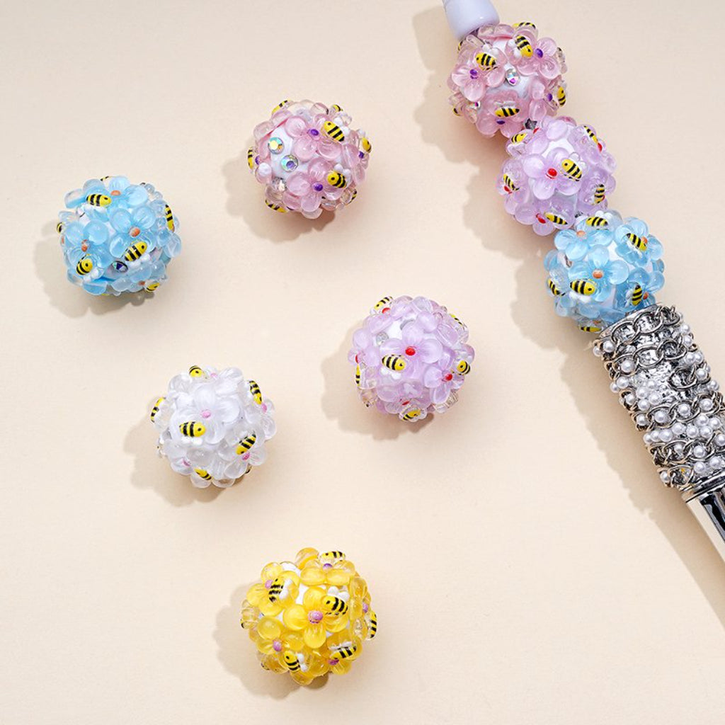 Colorful Flowers Yellow Cute Bees AB Rhinestones White Round Clay Beads, Around 20MM