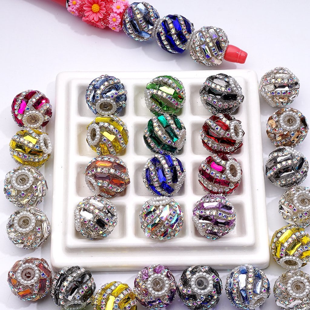 Rectangle & AB Rhinestones Chains Spiral Style Shiny White Pearls Loop Acrylic Beads 20MM