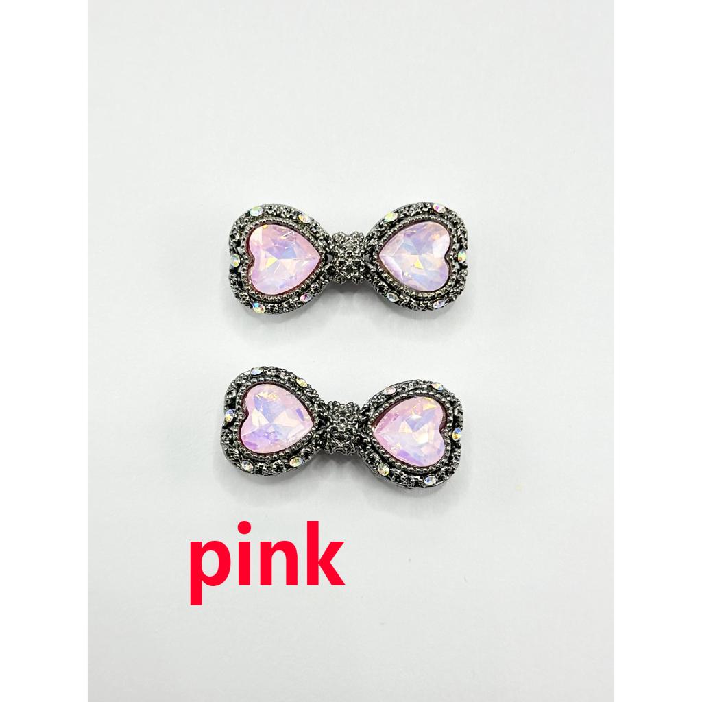 Hollow Alloy Acrylic Beads in Gun Black Bowknot Shape with Heart Rhinestones, 34mm x 17mm