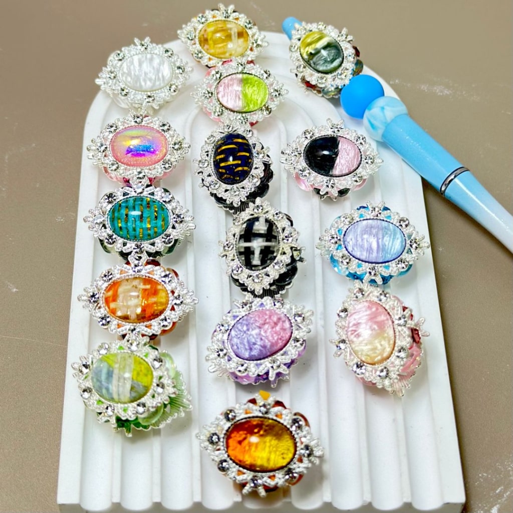 Silver Alloy Bling Bling Fancy Flower with Shiny Rhinestones, Large Oval Pearls, and Colorful Clay Beads, Random Mix Around 33*25MM