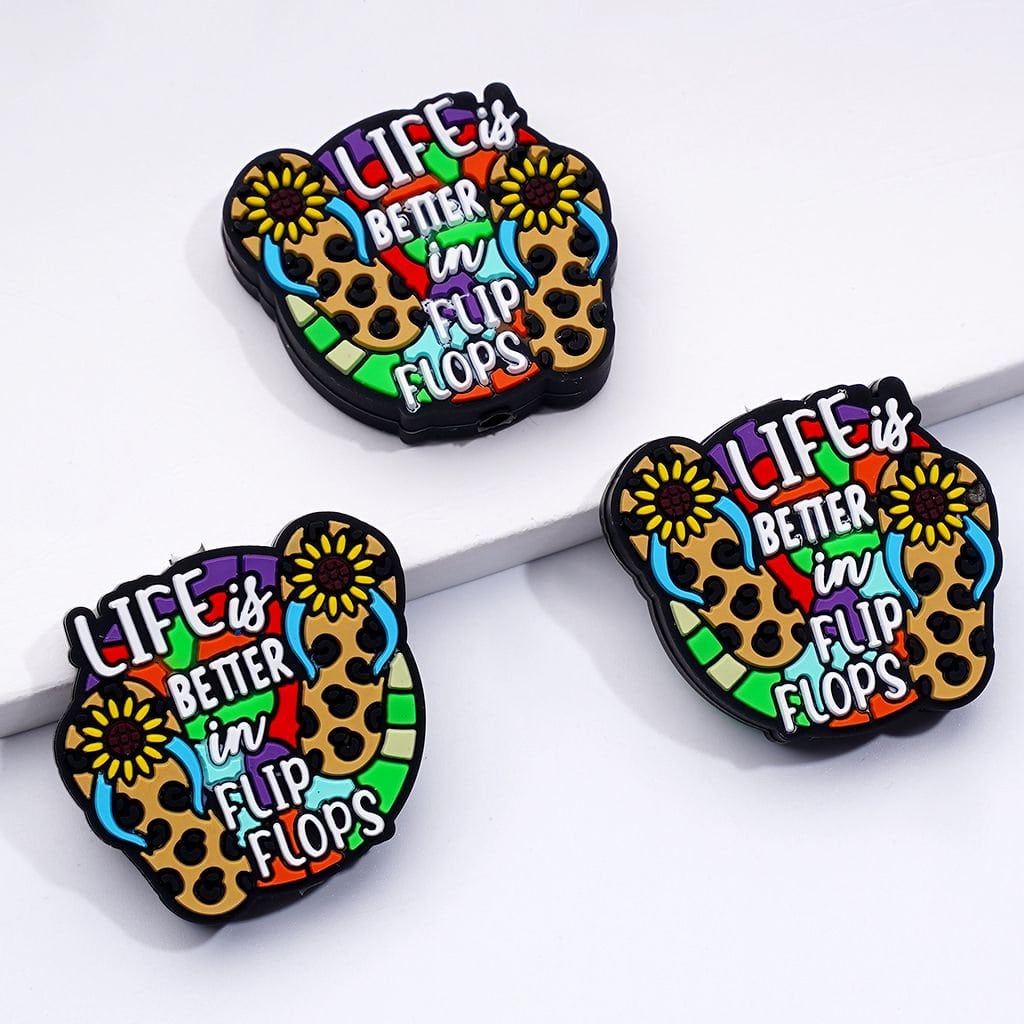 Life is Better in Flip Flops' Silicone Focal Beads with Jaguar Print Slippers & Sunflower Design