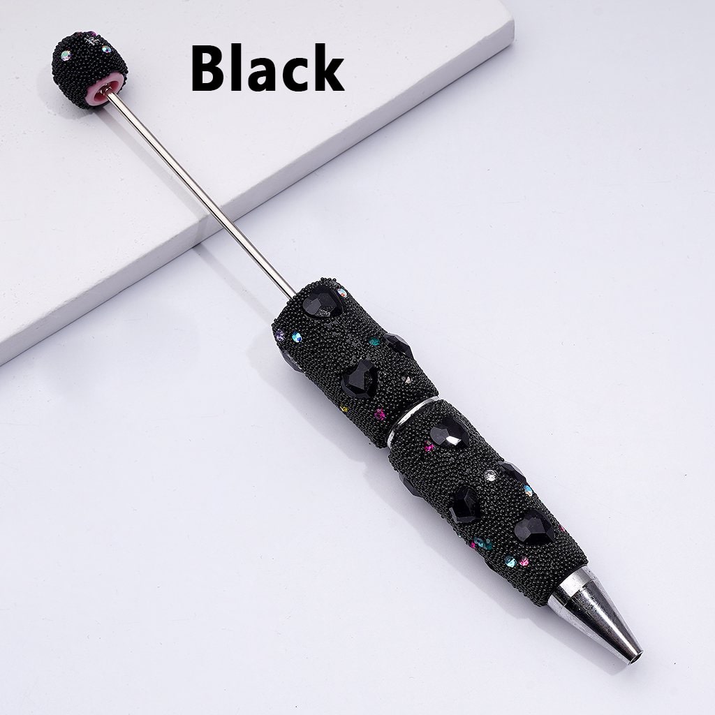 Clay Beadable Pens – Covered in Mini Rhinestones, Shiny Heart Accents & Black Snowball Texture