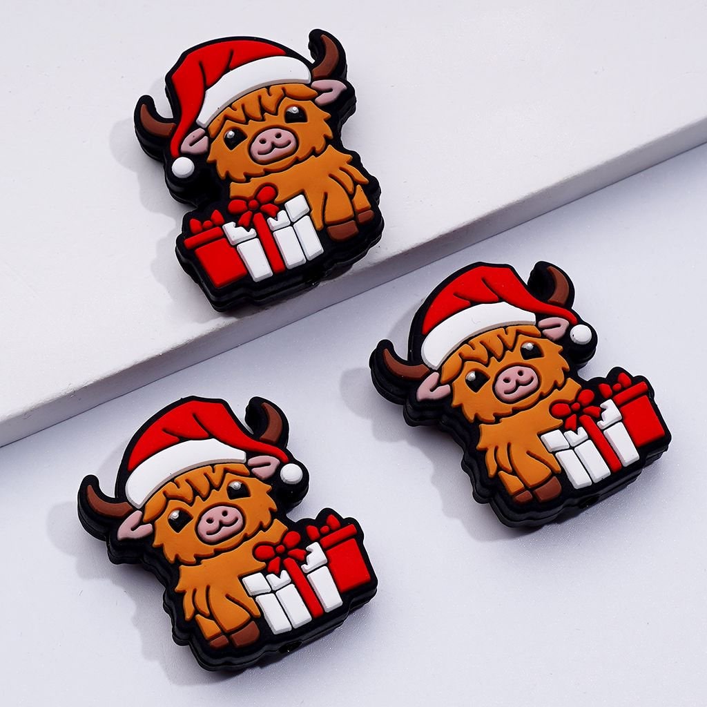 Adorable Cows with Red Christmas Hats & Gift Boxes Silicone Focal Beads, Perfect for Holiday Crafts