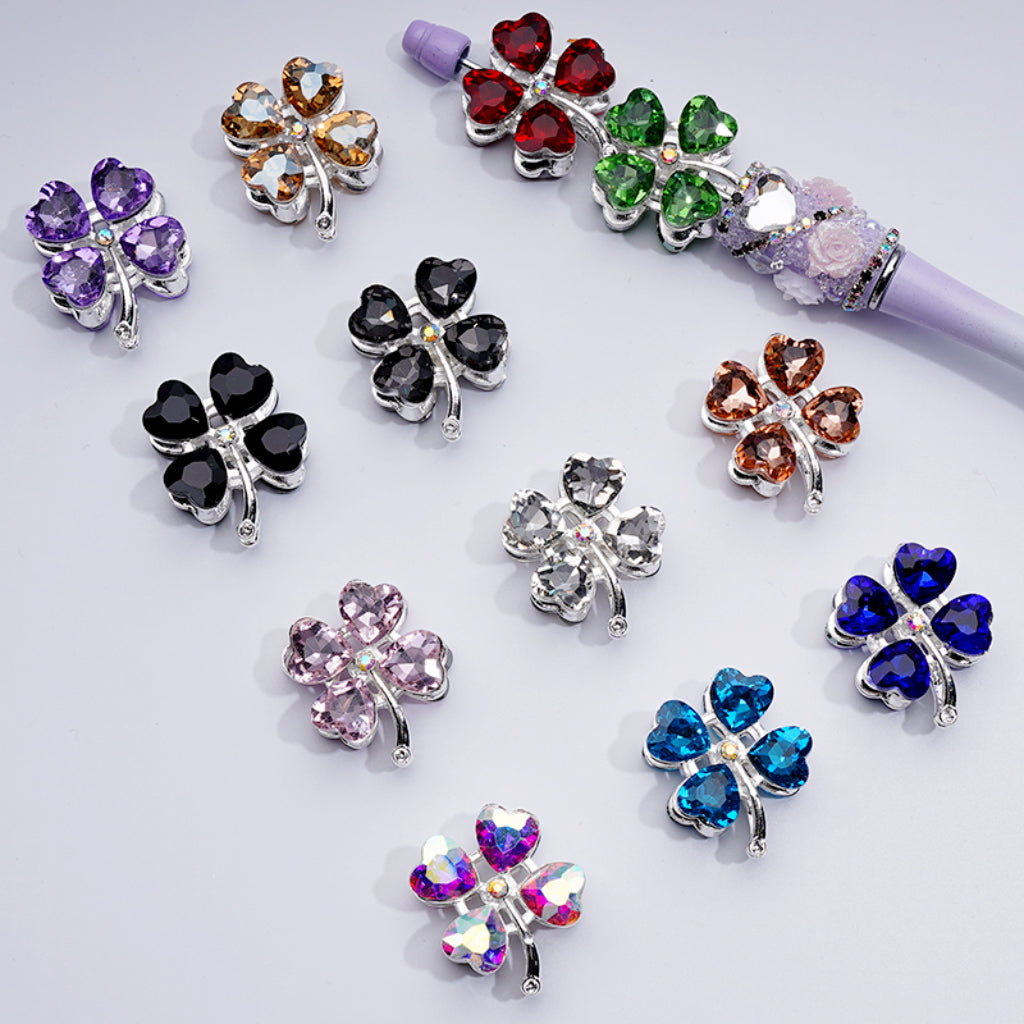 Silver Delicate Fancy Alloy Four Leaf Clover with Color Hearts Mini AB Rhinestones Beads, Around 25*30MM